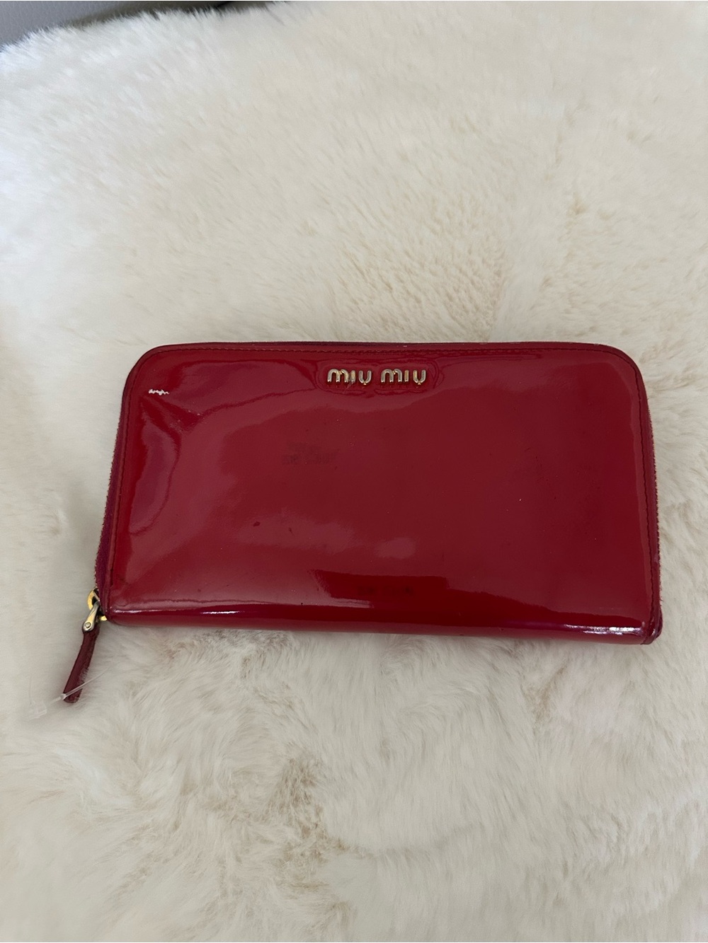 Miu Miu Glossy Red Patent Zip Wallet with Gold Hardware